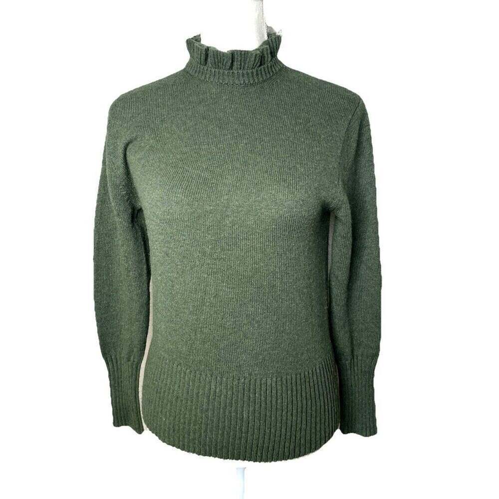 J.Crew Size S Lambs Wool Blend Sweater Turtleneck Ruffle Fitted Dark Olive Green